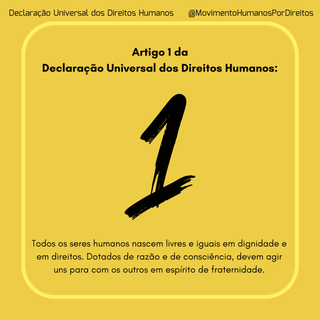 Box amarelo com o texto do artigo 1o da Declaração Universal dos Direitos Humanos